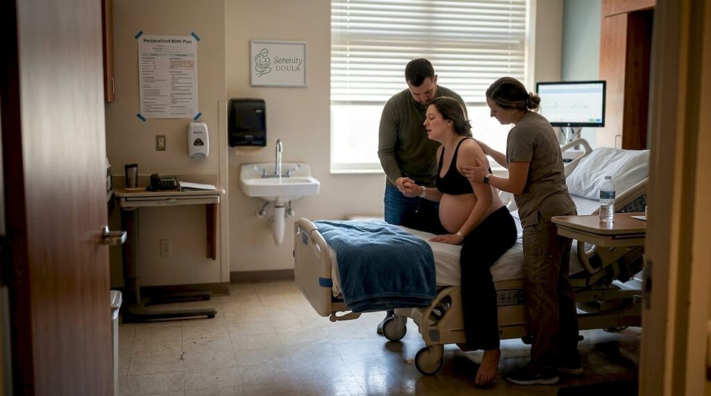 Birthing room with woman, doula, and partner