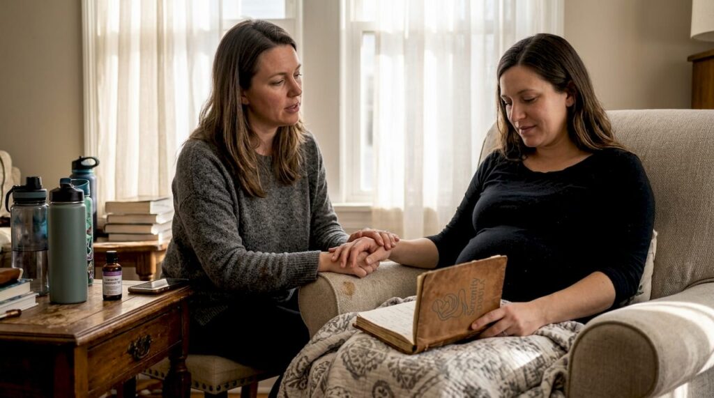 Doula providing childbirth support in living room
