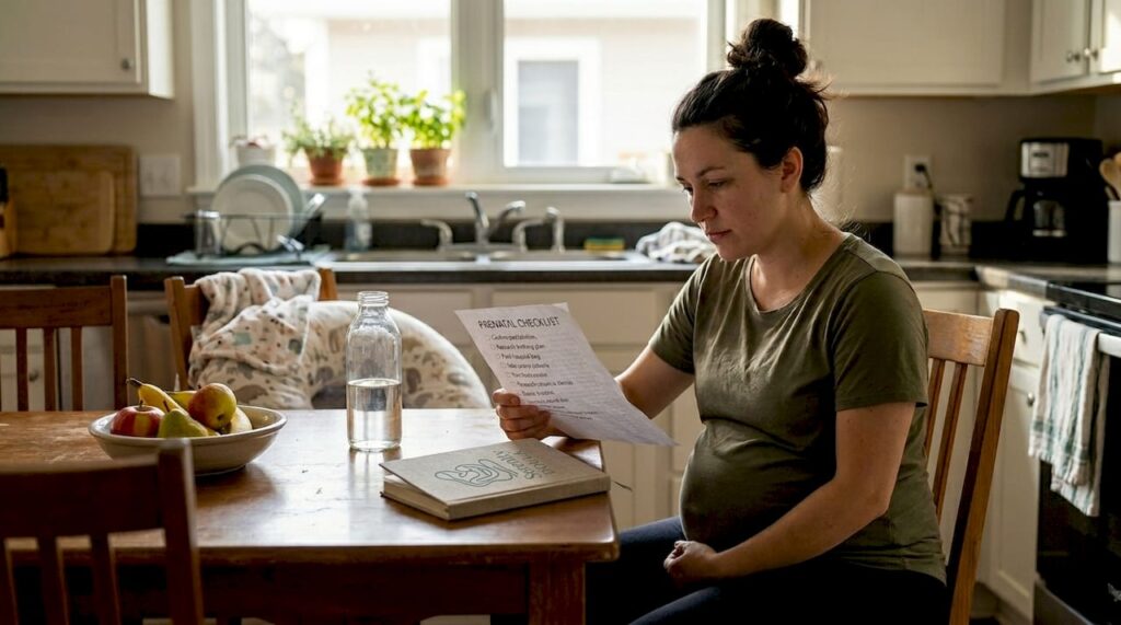 Pregnant woman reading birth preparation checklist