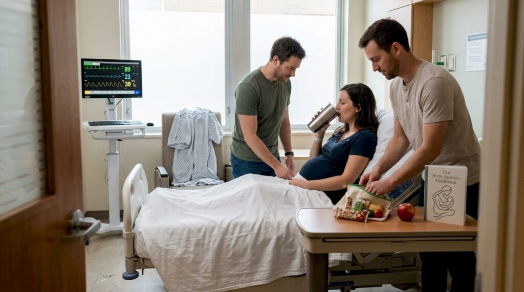 Pregnant woman drinking water in hospital labor room
