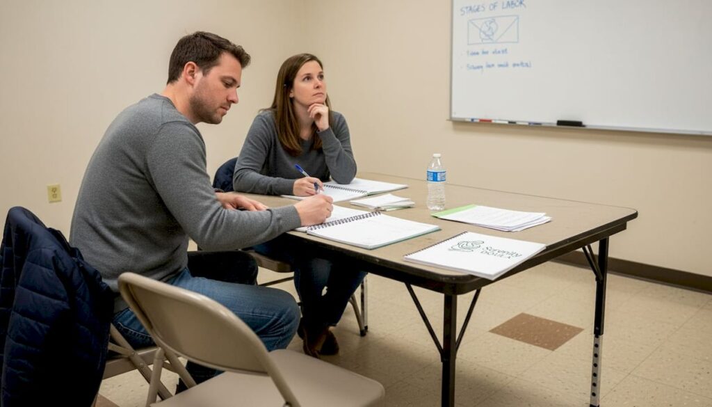 Parents taking notes in childbirth class