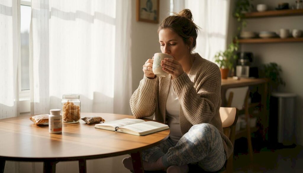 Woman journals and drinks tea in morning kitchen