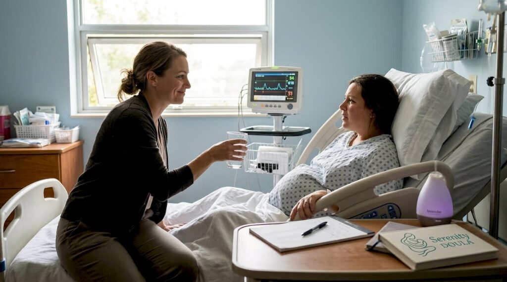 Doula calmly supporting woman during labor