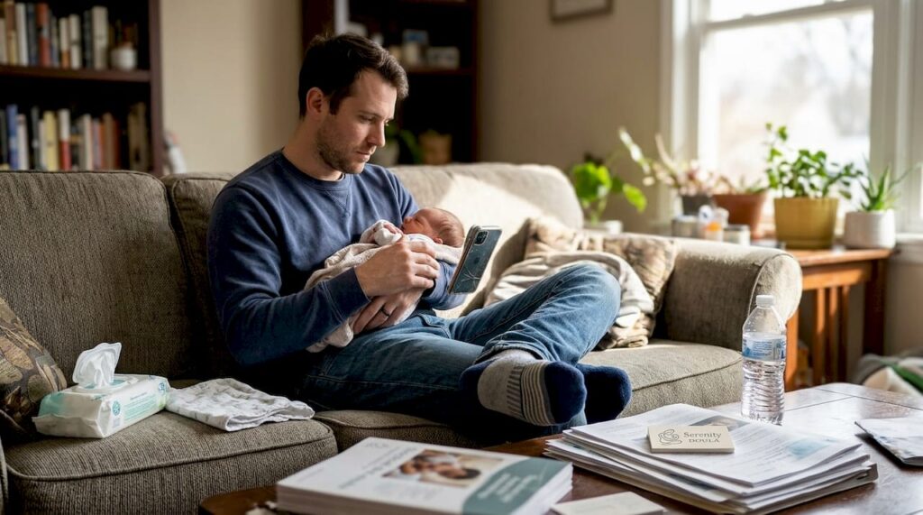 Dad caring for newborn in living room