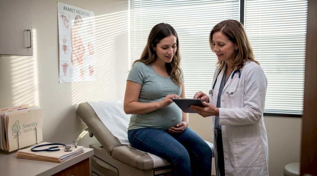 Patient and doctor reviewing birth plan together