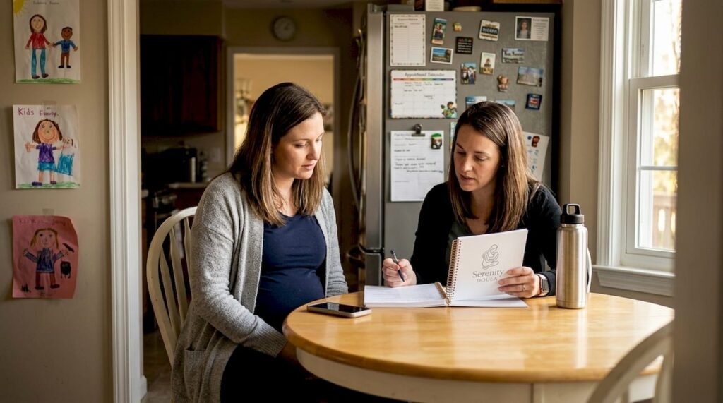 Pregnant woman and doula discuss birth plan
