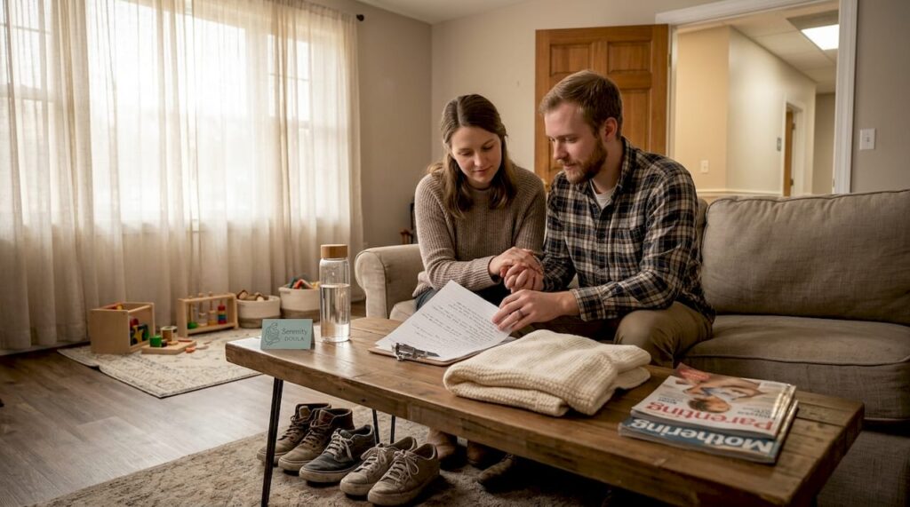 Couple reviewing birth preferences in waiting room