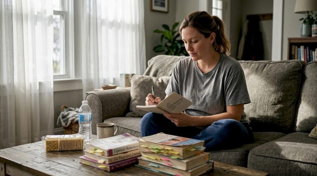 Pregnant woman writing notes on couch