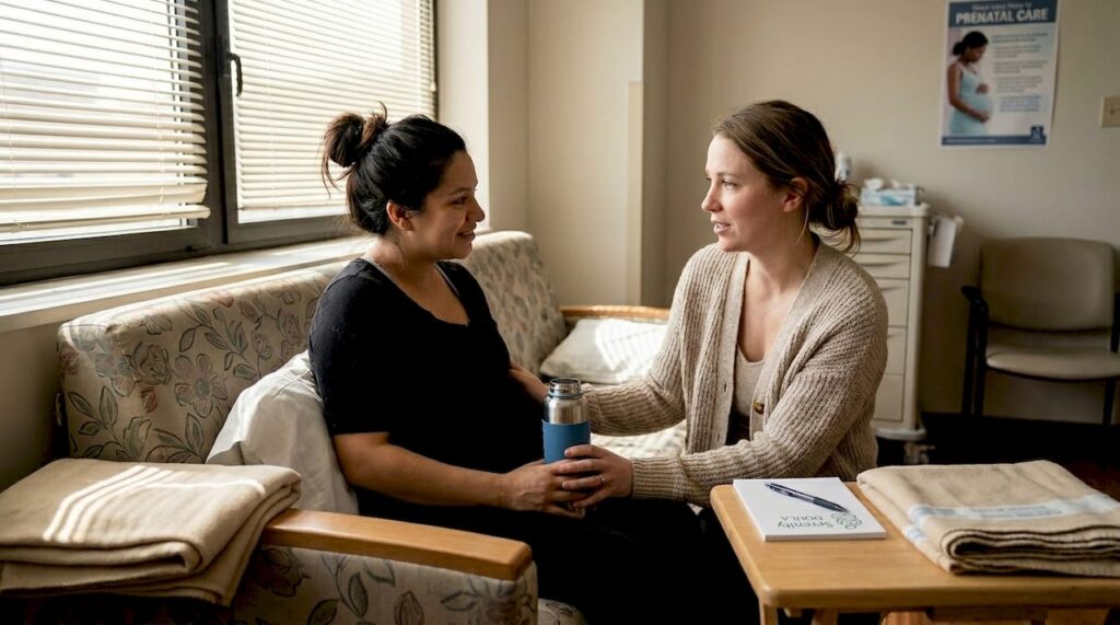 Doula supporting mother in hospital room