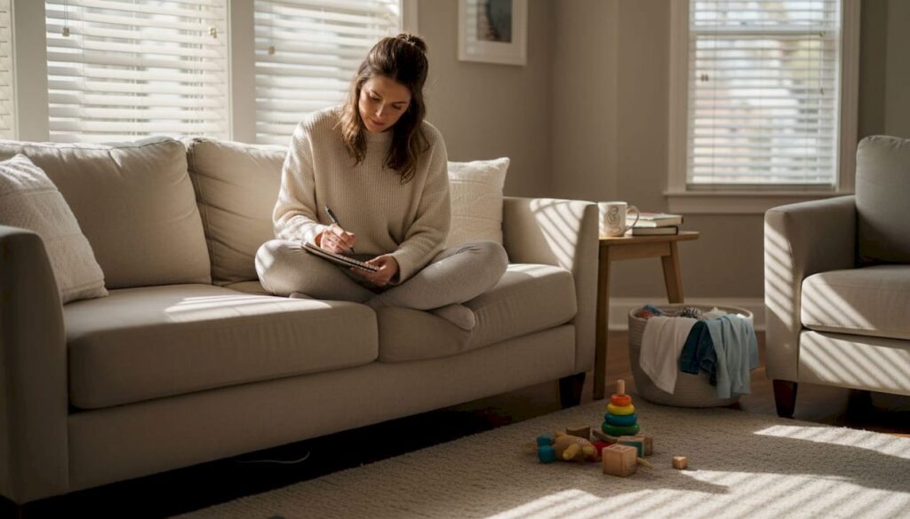 Woman journaling in sunlit family living room