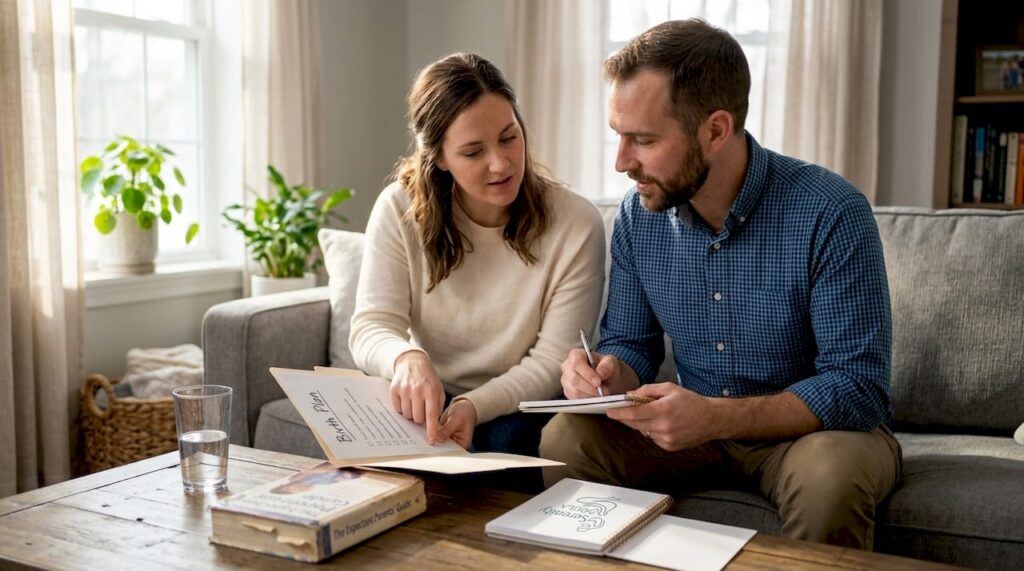 Couple reviewing birth plan at home