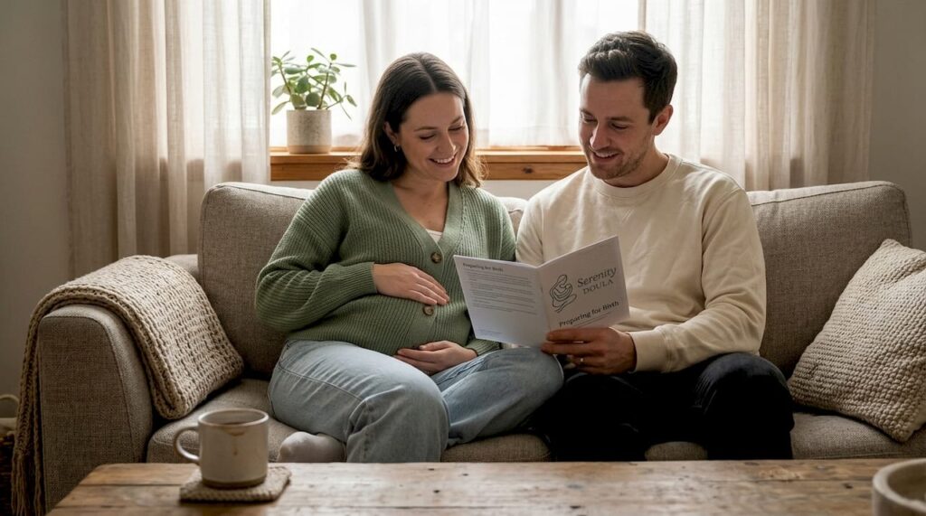 Expectant couple reading prenatal booklet together