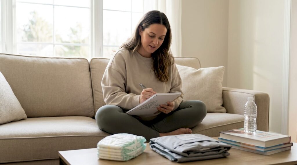 Pregnant woman writing third trimester checklist
