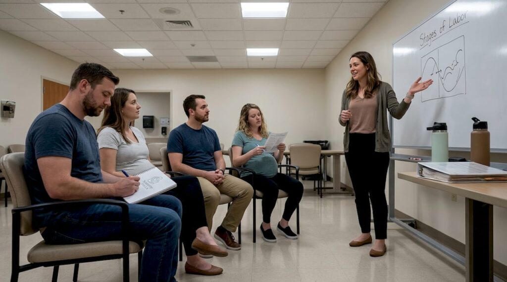Childbirth educator leading group class discussion