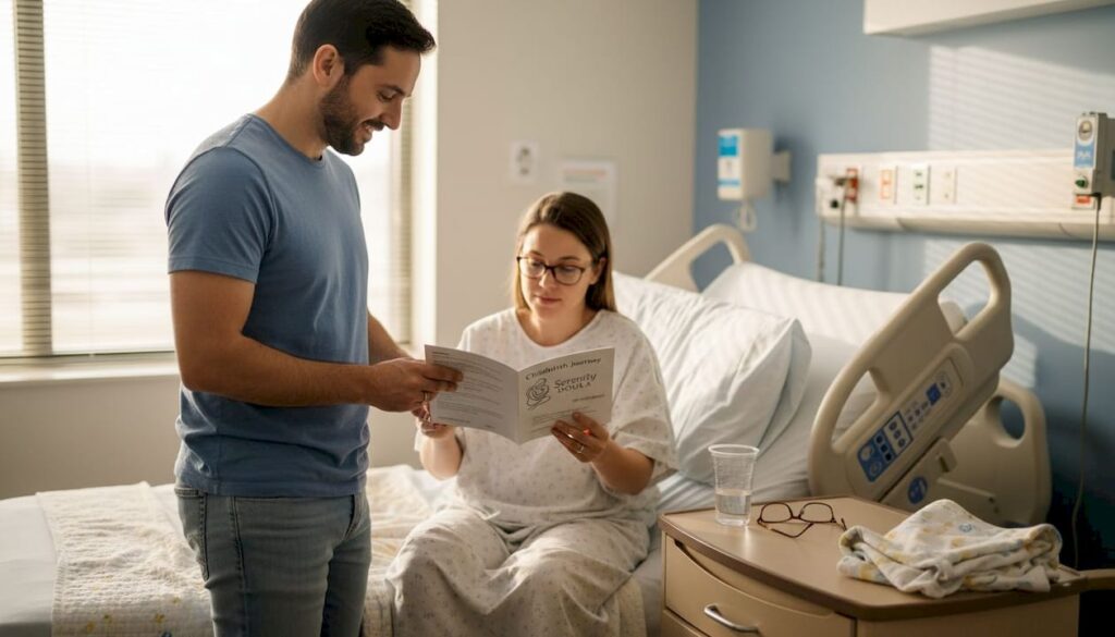 Father supporting partner in hospital delivery room