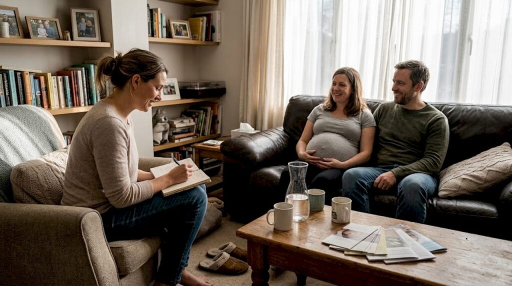 Childbirth coach meets with expectant family