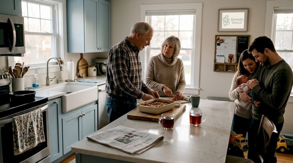 Grandparents preparing meal for new parents