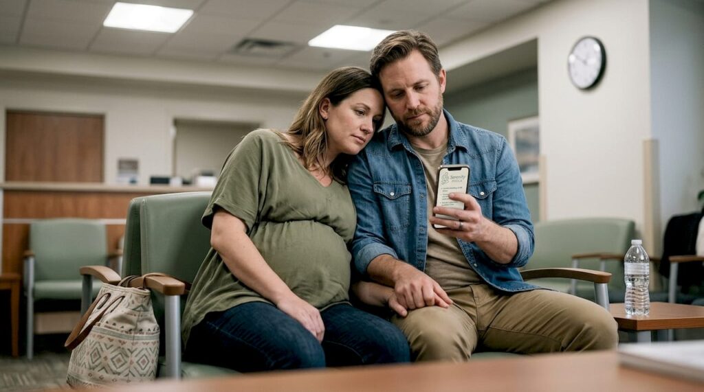 Partner reassuring pregnant woman in hospital waiting area