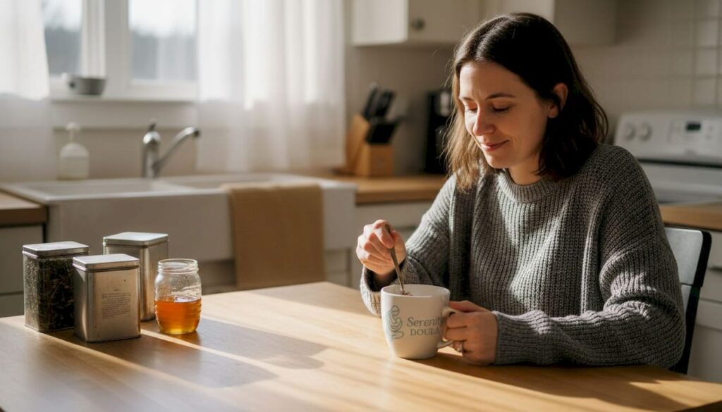 Mother preparing herbal tea in kitchen