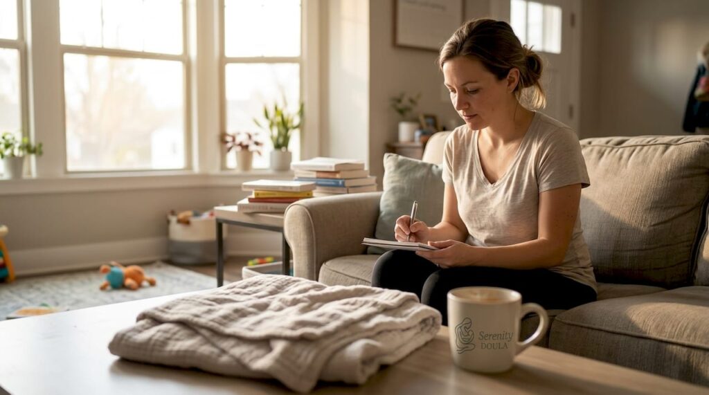 Woman planning postpartum care on living room sofa
