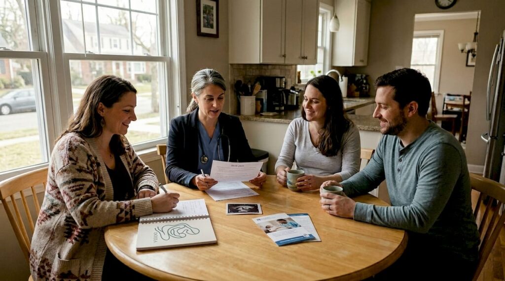 Doula and midwife meet expectant parents at home