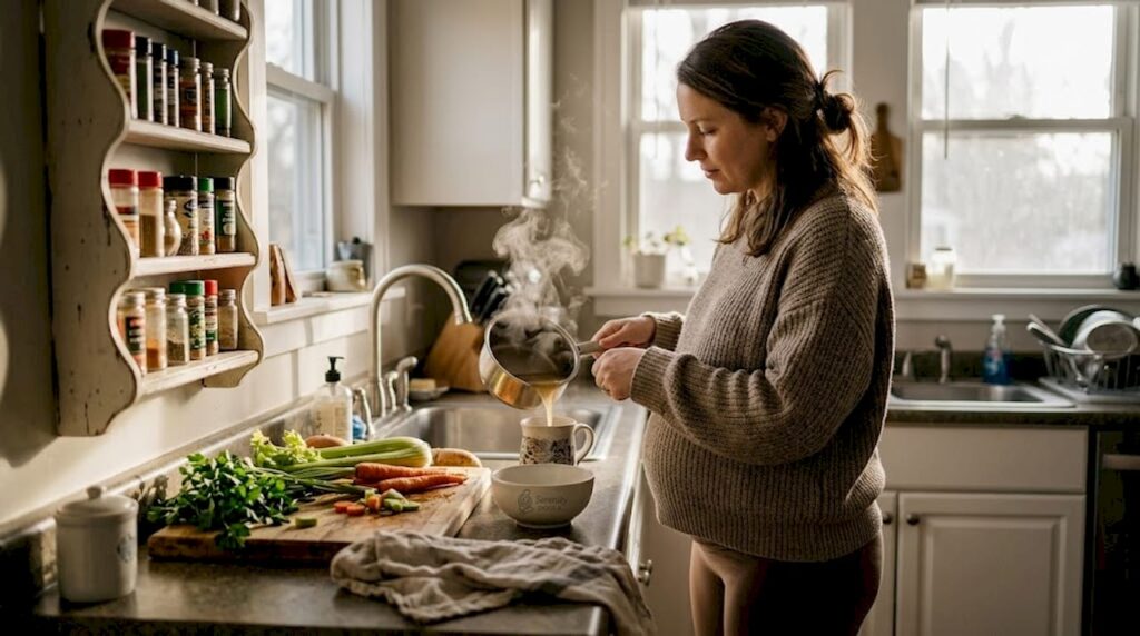 Pregnant woman pouring bone broth at kitchen counter