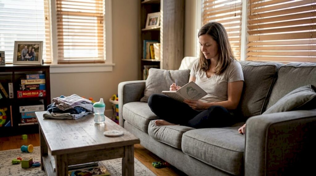 Mother journaling in lived-in living room
