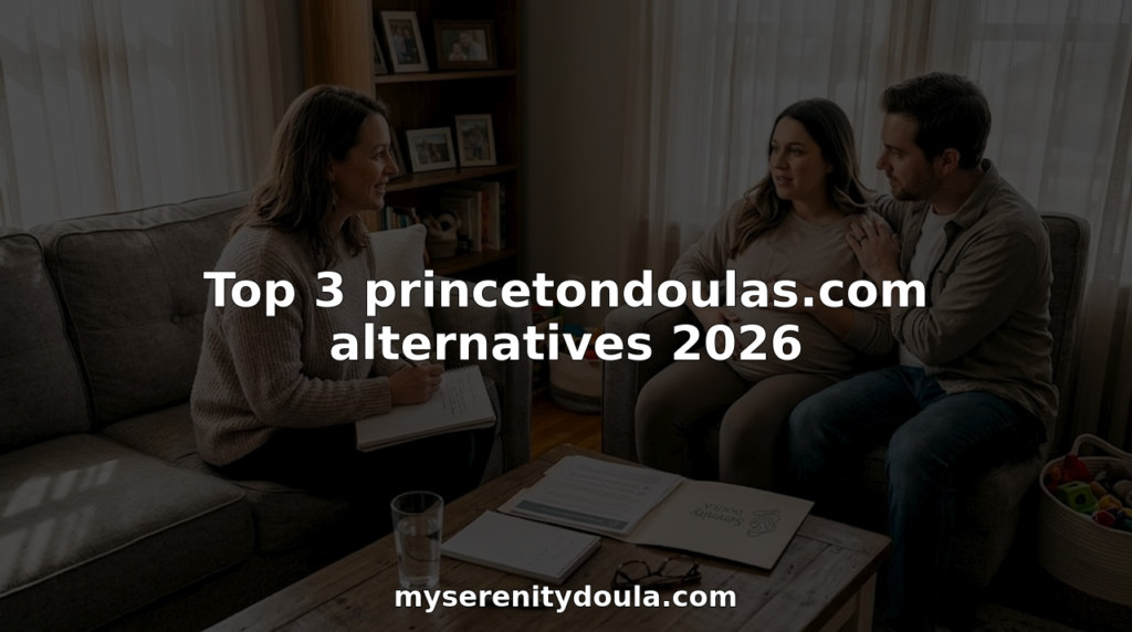 Doula consulting expectant couple living room