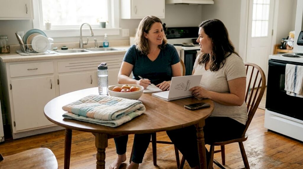 Plus-size woman consulting with doula at kitchen table