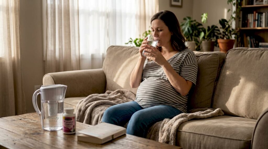 Pregnant woman drinking water on couch