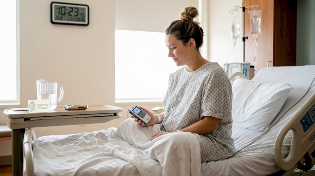 Woman using TENS unit in hospital room