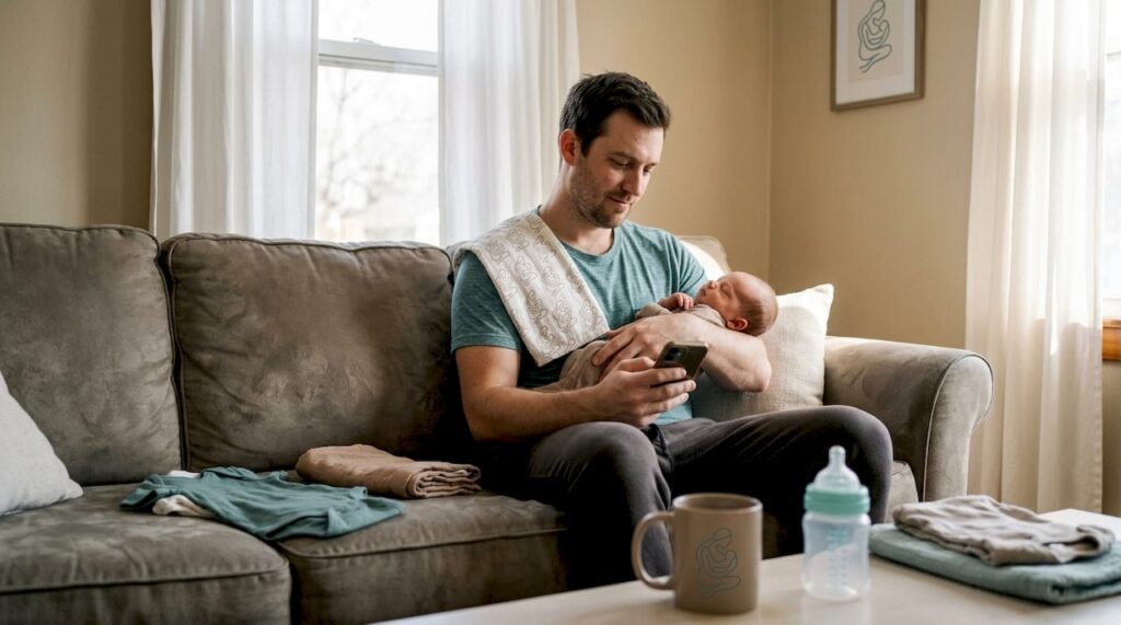 New dad bonding with newborn in living room