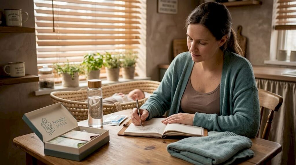 Mother planning postpartum recovery at dining table