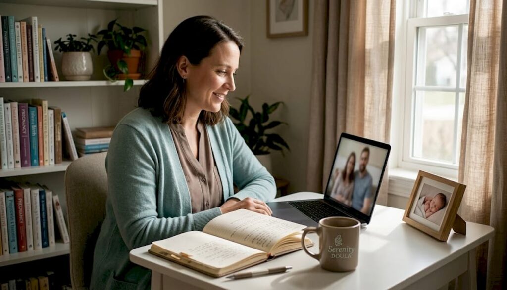 Doula video call in cozy home office