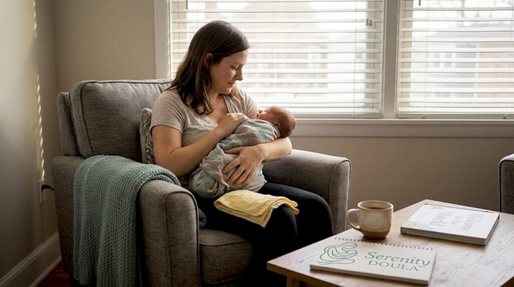Mother soothing newborn in family living room