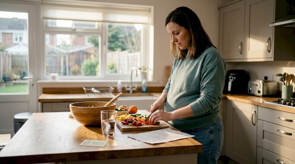 Pregnant woman preparing healthy meal in kitchen