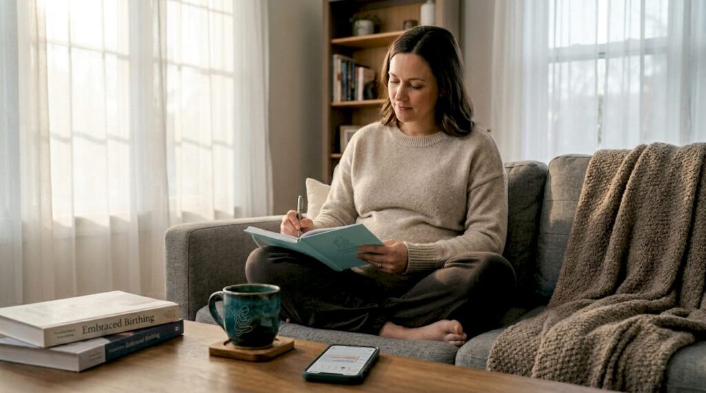 Pregnant woman writing self-care plan on sofa