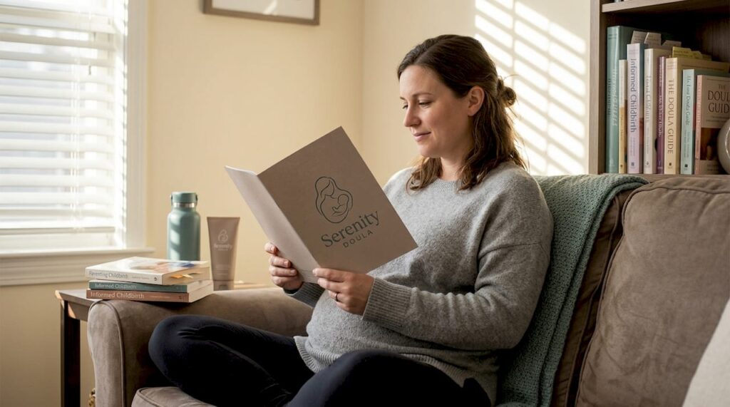 Pregnant woman reading childbirth book