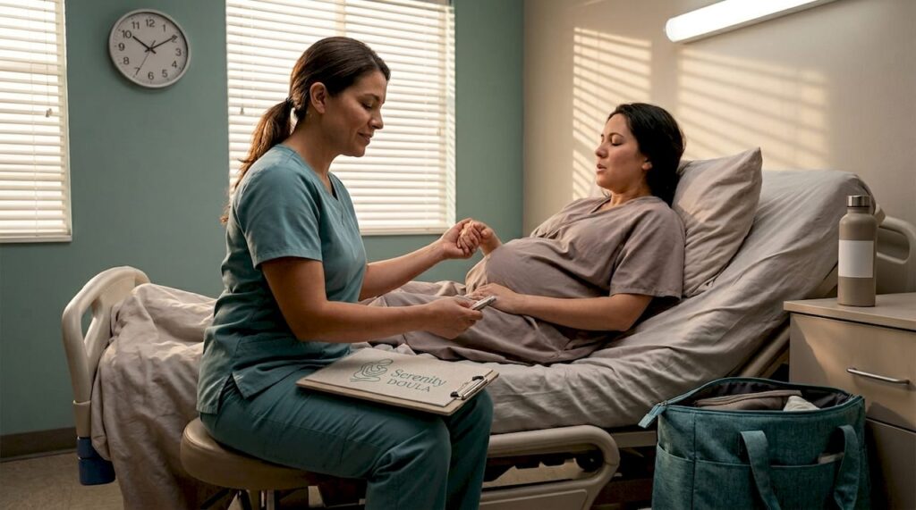 Doula supporting mother in hospital room