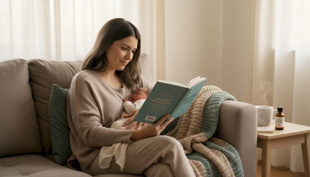 Mother reading Ayurveda book cradling newborn