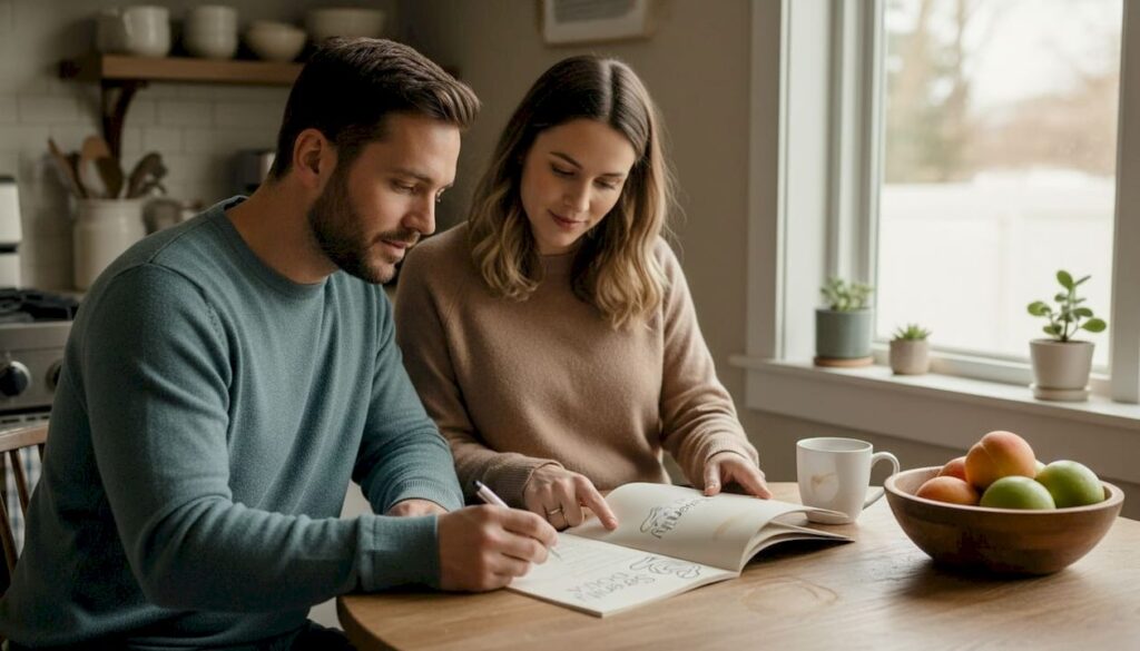 Couple reviewing childbirth support guide