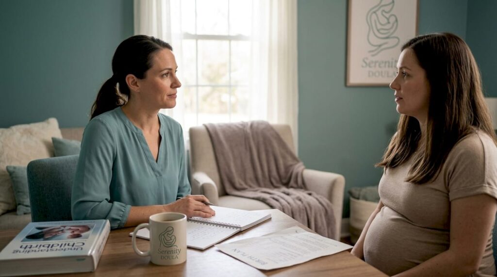 Educator reviews birth plan at consultation