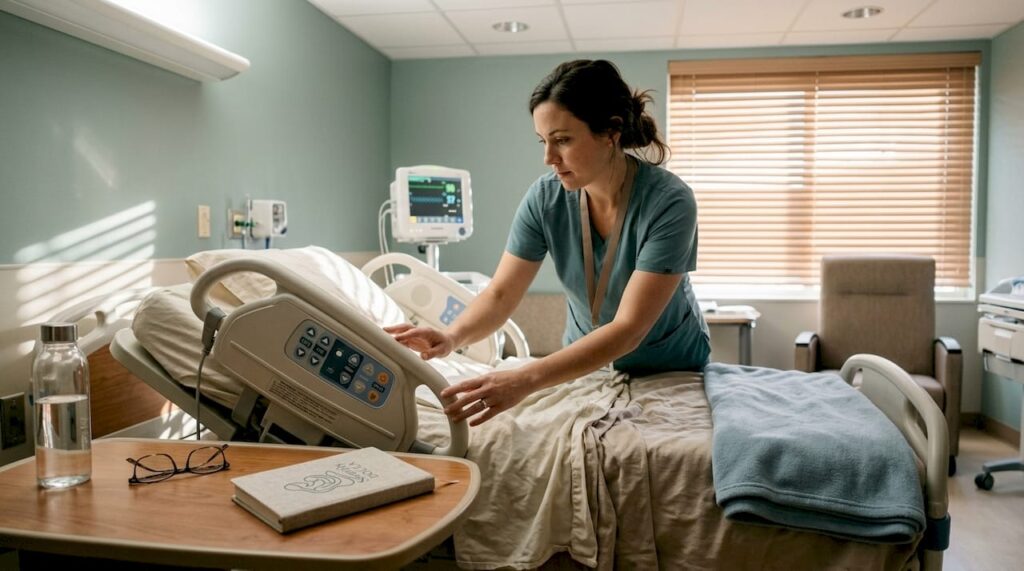 Nurse adjusting labor bed in calm hospital suite