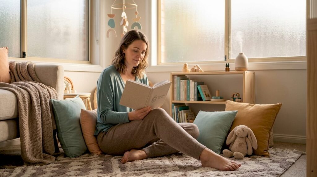 Mother resting with notebook in living room