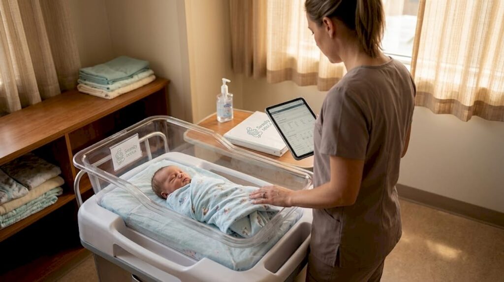 Nurse checks newborn in hospital maternity room