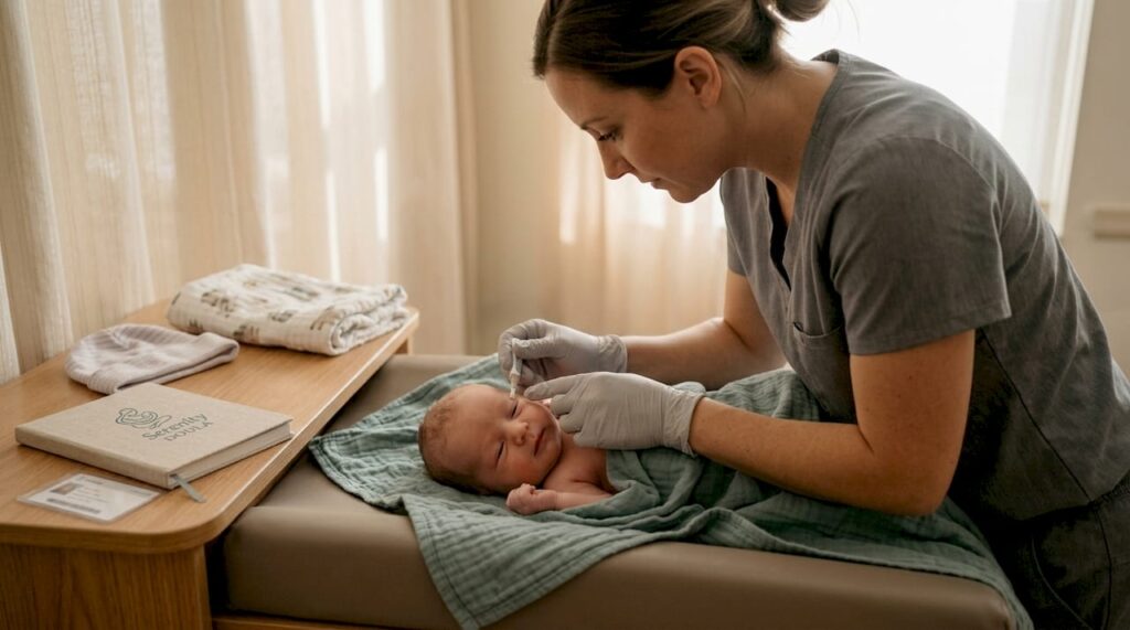 Nurse applying eye ointment to newborn in hospital