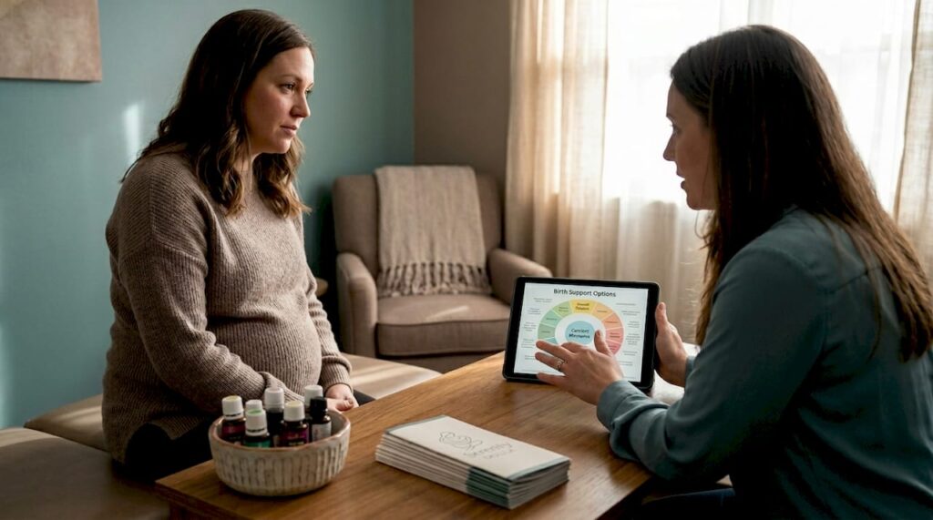Pregnant woman consulting with provider in clinic