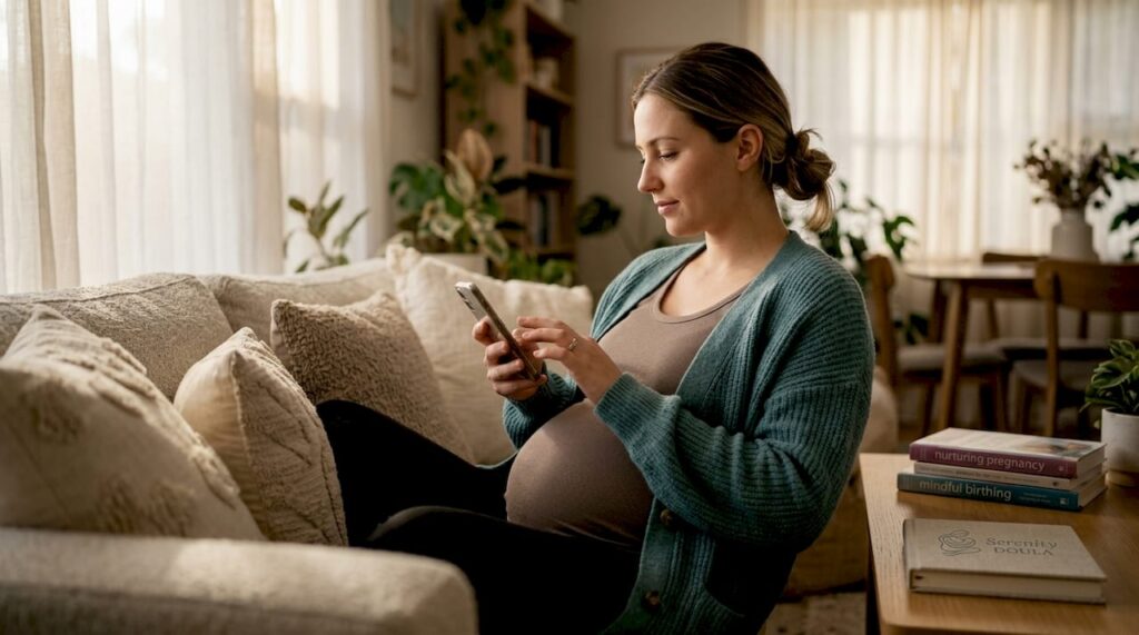 Expectant mother waits in clinic lounge