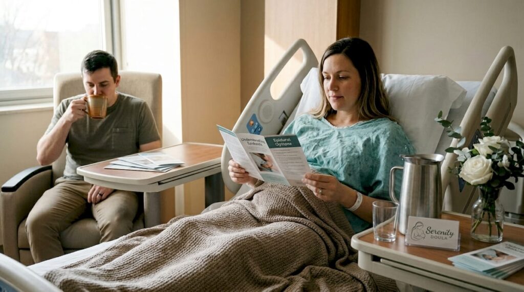 Pregnant woman reading epidural info in hospital room