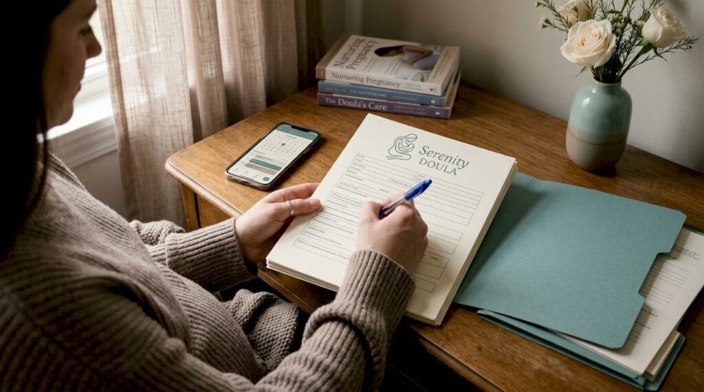 Pregnant woman filling forms at kitchen table